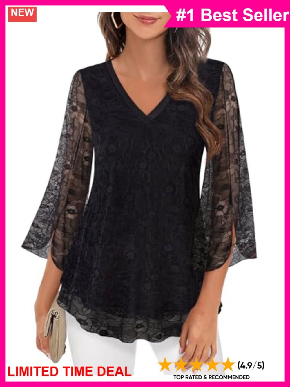 Floral Lace V-Neck 3/4 Sleeve Blouse Tunic Top